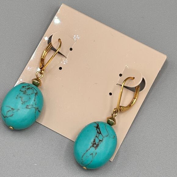 Western Rodeo Boho Turquoise Stone & Gold Dangle Earrings - Picture 3 of 4